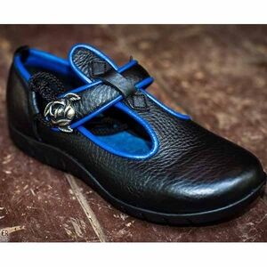 Son of Sandlar Womens Leather T Strap Mary Jane Black and Cobalt